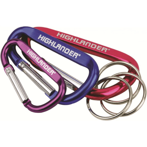 Highlander Karabin 3-pak med Nøglering – Lilla, Blå & Rød – Karabinhager