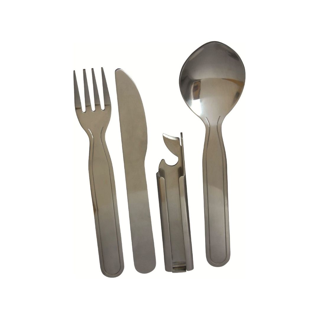 Bestiksæt i stål til outdoor - Kniv, gaffel, ske og dåseåbner