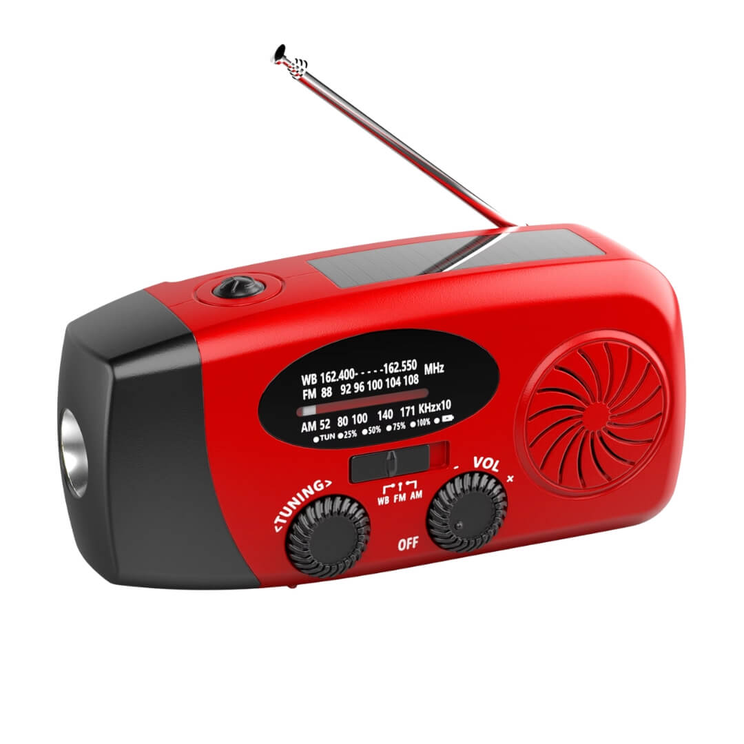 Nødradio FM - Solcelle, håndsving, powerbank 2000 mah