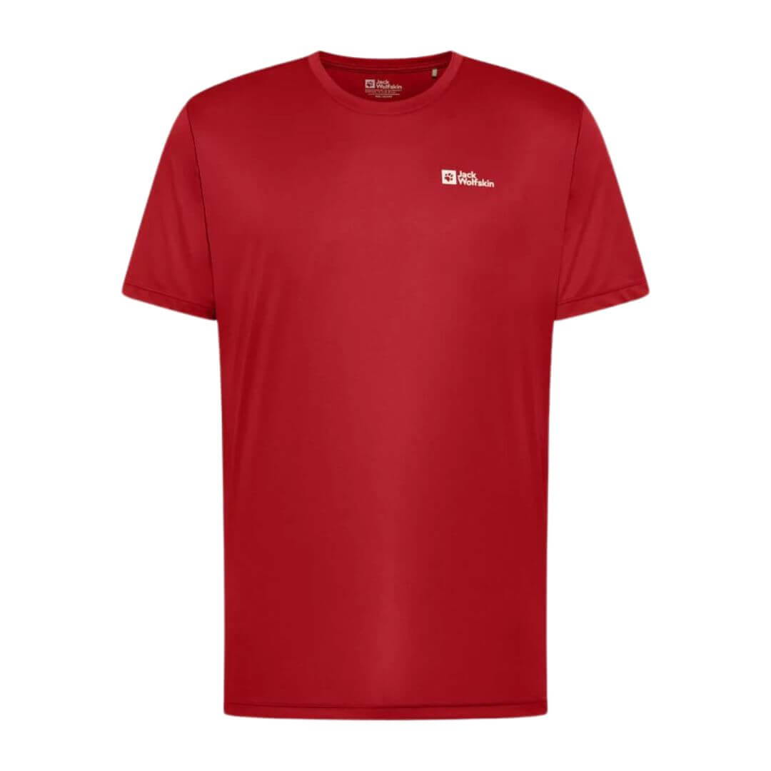 Køb T-shirt til herre – Jack Wolfskin Tech T – Rød hos Backpackerlife.dk